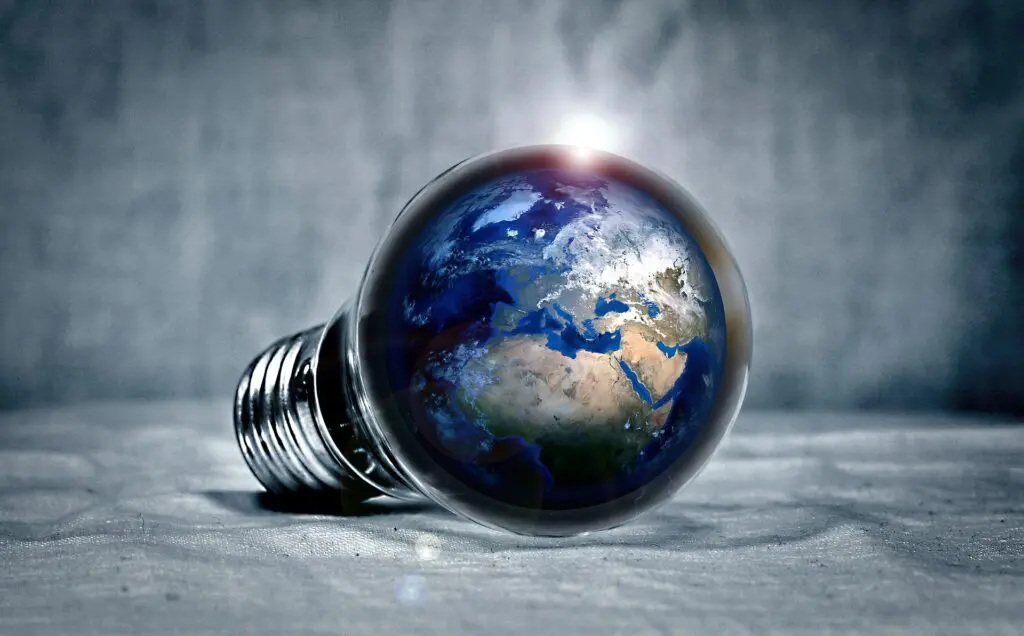 Auf diesem Bild sehen Sie eine Glühbirne in der die Erde abgebildet wird. - Umweltschutz