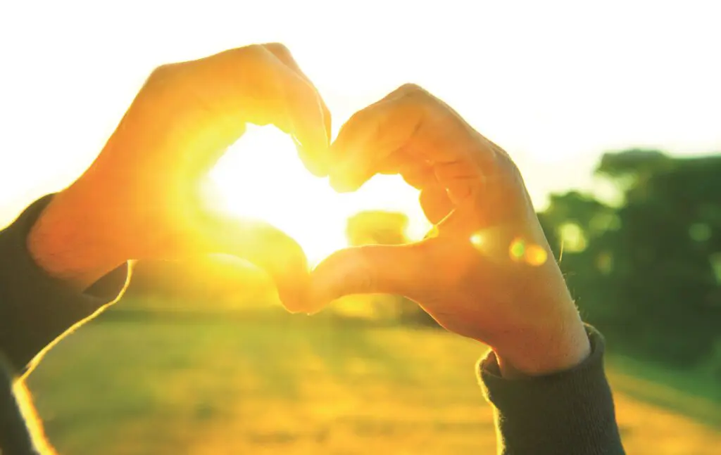 Auf diesem Bild sehen Sie zwei Hände, die ein Herz formen. Im Hintergrund scheint die Sonne. - Klimaneutraler Druck